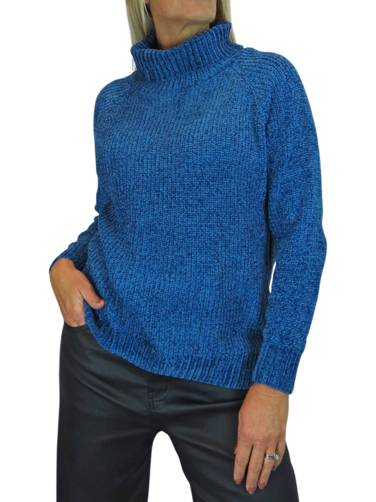 Long Sleeve Chenille Roll Neck Jumper Blue