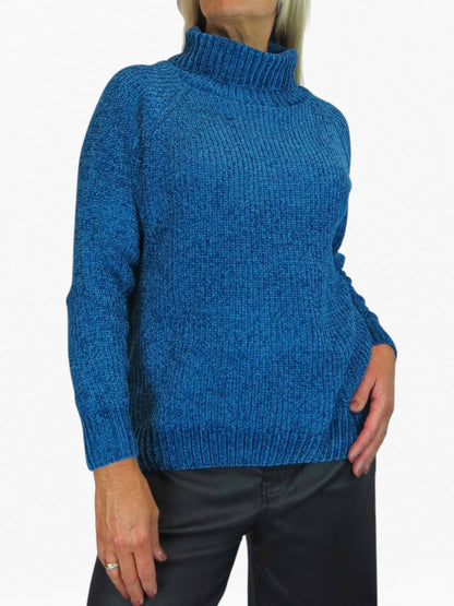 Long Sleeve Chenille Roll Neck Jumper Blue