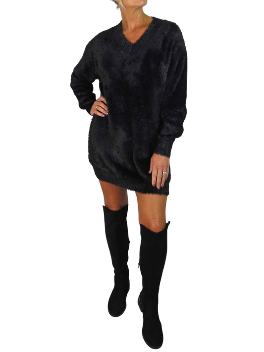 Long Sleeve V Neck Jumper Dress Black