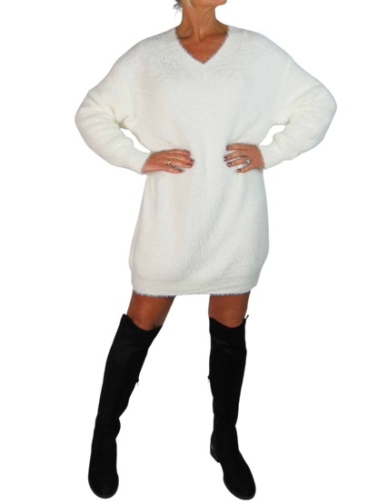 Long Sleeve V Neck Jumper Dress Cream