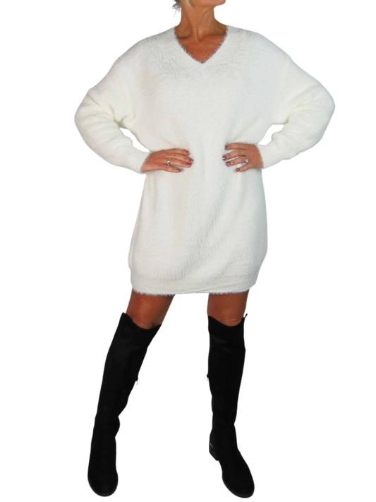 Long Sleeve V Neck Jumper Dress Cream