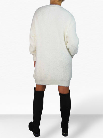 Long Sleeve V Neck Jumper Dress Cream
