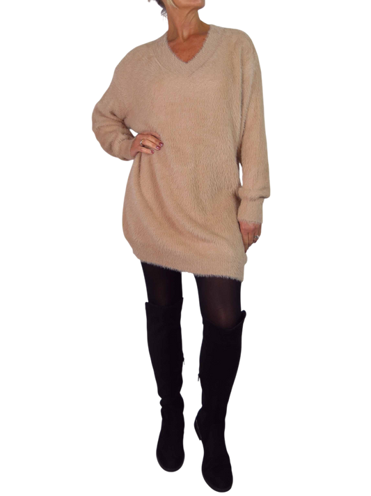 Long Sleeve V Neck Jumper Dress Beige