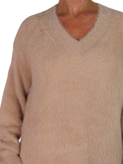 Long Sleeve V Neck Jumper Dress Beige