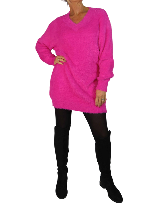 Long Sleeve V Neck Jumper Dress Pink