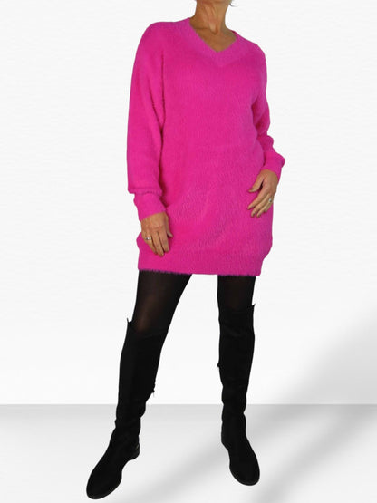 Long Sleeve V Neck Jumper Dress Pink