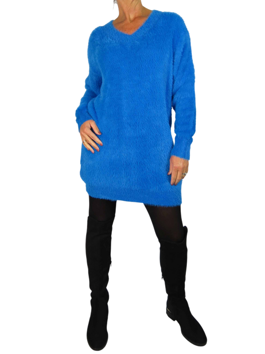 Long Sleeve V Neck Jumper Dress Blue