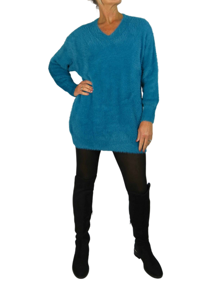Long Sleeve V Neck Jumper Dress Teal