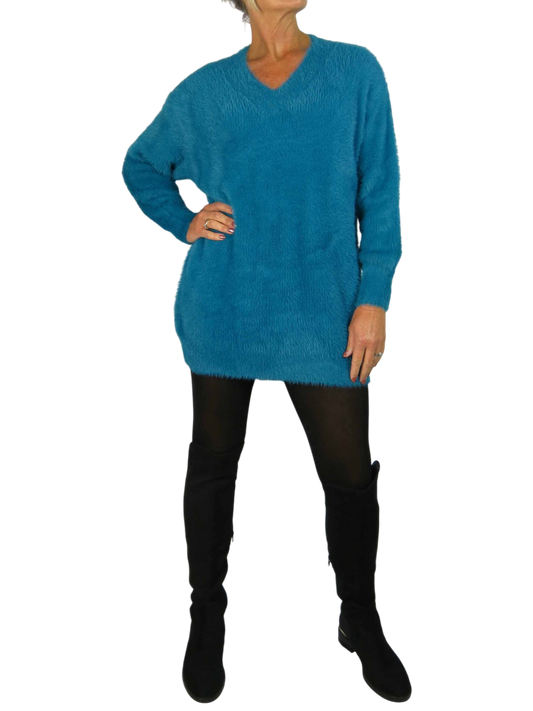 Long Sleeve V Neck Jumper Dress Teal
