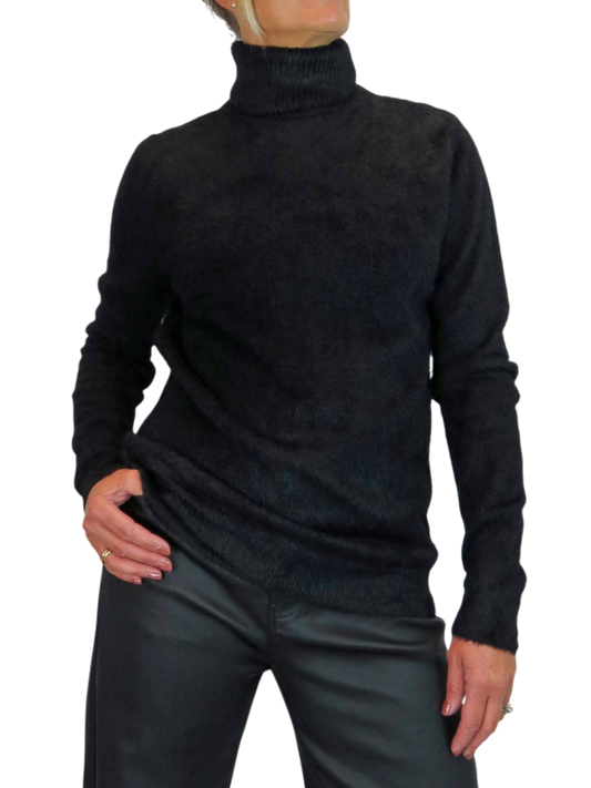 Long Sleeve Roll Neck Jumper Fluffy Knit Black