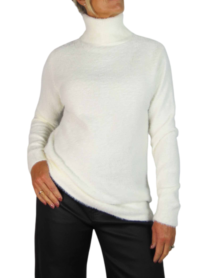 Long Sleeve Roll Neck Jumper Fluffy Knit Cream