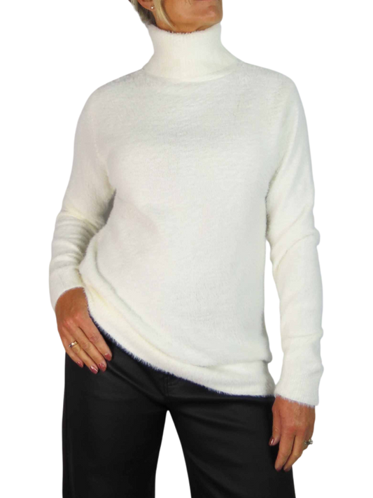 Long Sleeve Roll Neck Jumper Fluffy Knit Cream