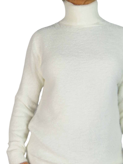 Long Sleeve Roll Neck Jumper Fluffy Knit Cream