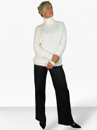 Long Sleeve Roll Neck Jumper Fluffy Knit Cream