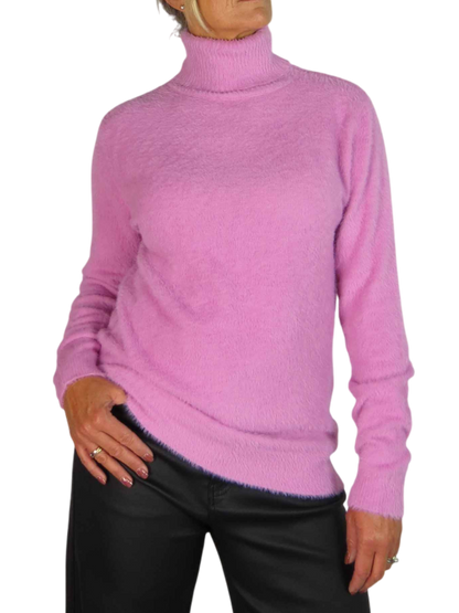 Long Sleeve Roll Neck Jumper Fluffy Knit Pink