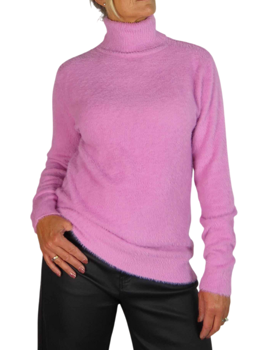Long Sleeve Roll Neck Jumper Fluffy Knit Pink