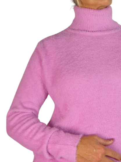 Long Sleeve Roll Neck Jumper Fluffy Knit Pink