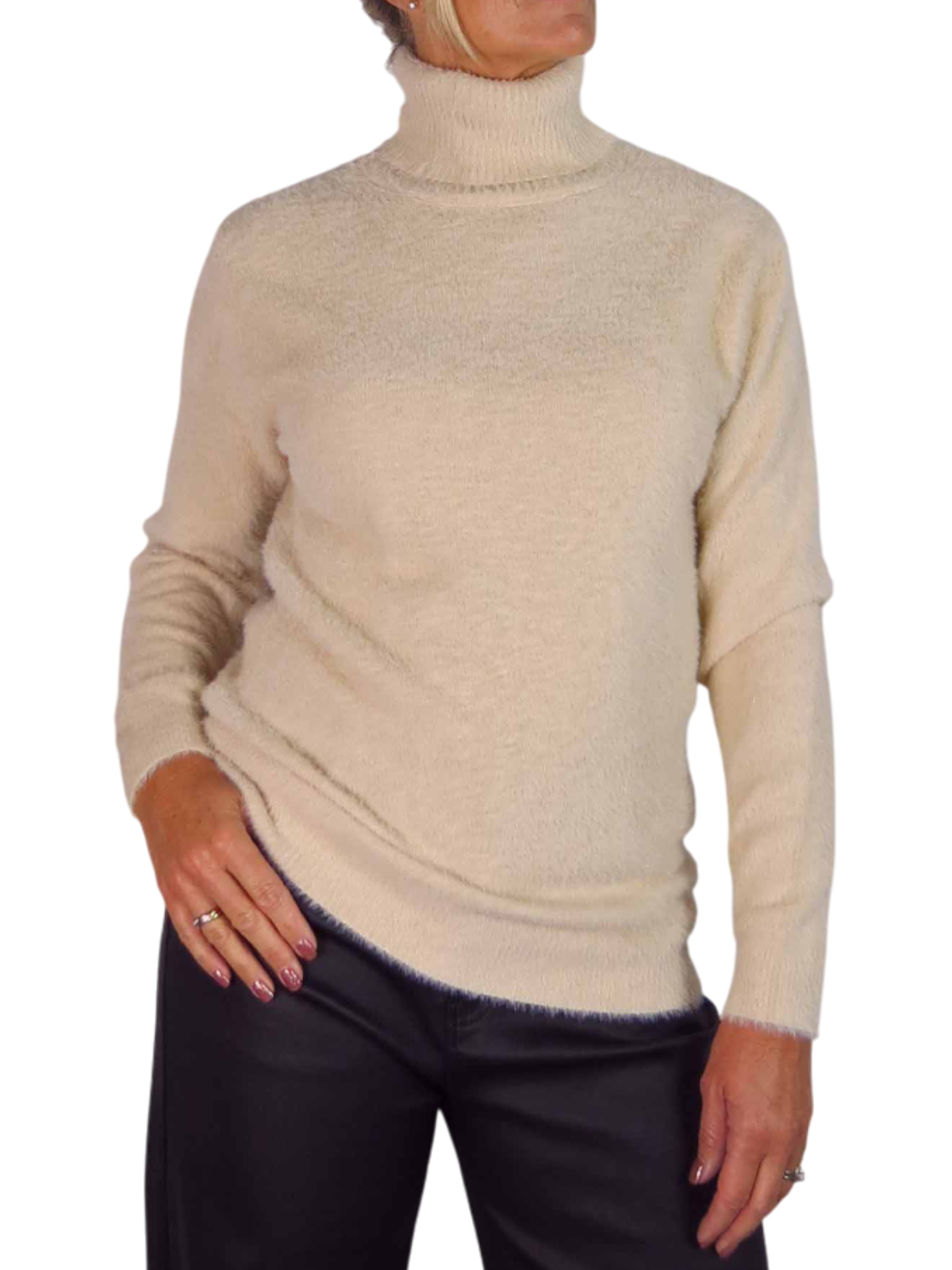 Long Sleeve Roll Neck Jumper Fluffy Knit Beige