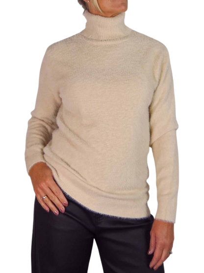 Long Sleeve Roll Neck Jumper Fluffy Knit Beige