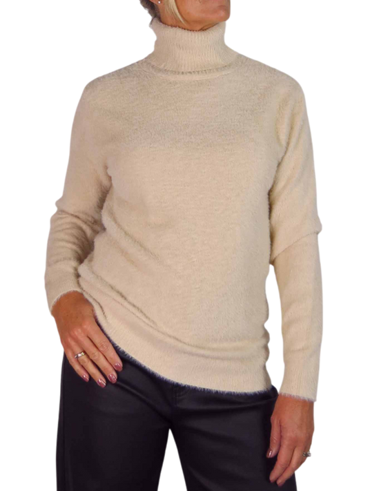Long Sleeve Roll Neck Jumper Fluffy Knit Beige