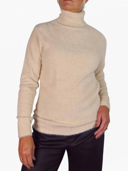 Long Sleeve Roll Neck Jumper Fluffy Knit Beige