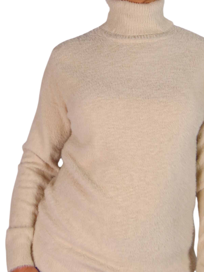 Long Sleeve Roll Neck Jumper Fluffy Knit Beige