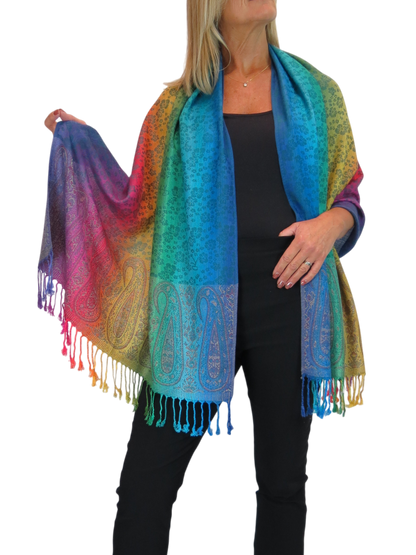 Rainbow Floral Paisley Pashmina Shawl Scarf Blue