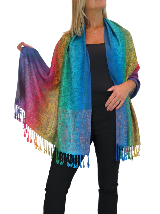 Rainbow Floral Paisley Pashmina Shawl Scarf Blue