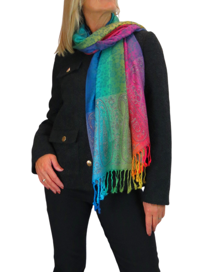 Rainbow Floral Paisley Pashmina Shawl Scarf Blue
