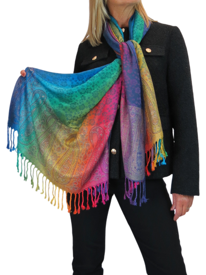 Rainbow Floral Paisley Pashmina Shawl Scarf Blue