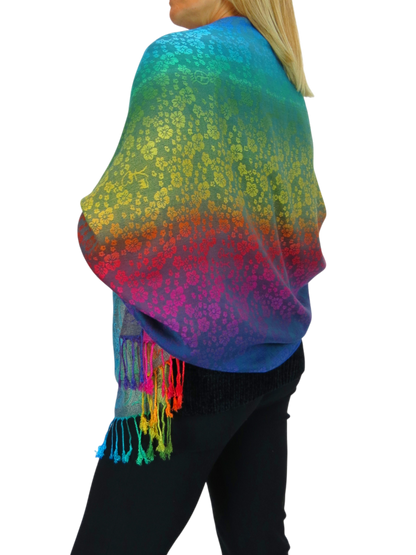 Rainbow Floral Paisley Pashmina Shawl Scarf Blue