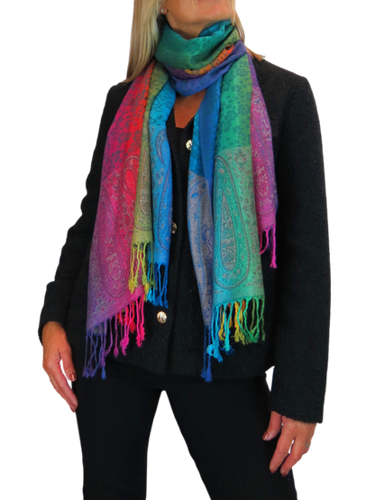 Rainbow Floral Paisley Pashmina Shawl Scarf Blue