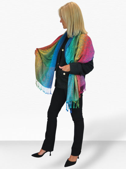 Rainbow Floral Paisley Pashmina Shawl Scarf Blue