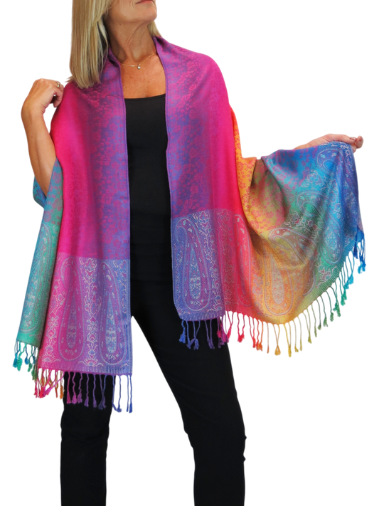 Rainbow Floral Paisley Pashmina Shawl Scarf Pink