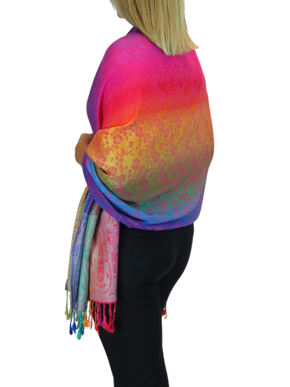 Rainbow Floral Paisley Pashmina Shawl Scarf Pink