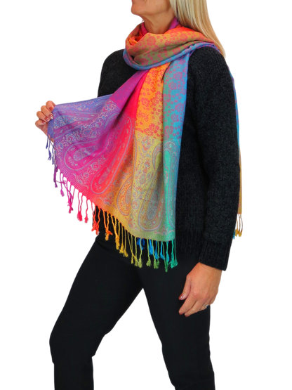 Rainbow Floral Paisley Pashmina Shawl Scarf Pink