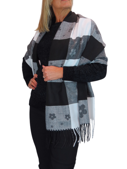 Wool Blend Scarf With Floral Details Black