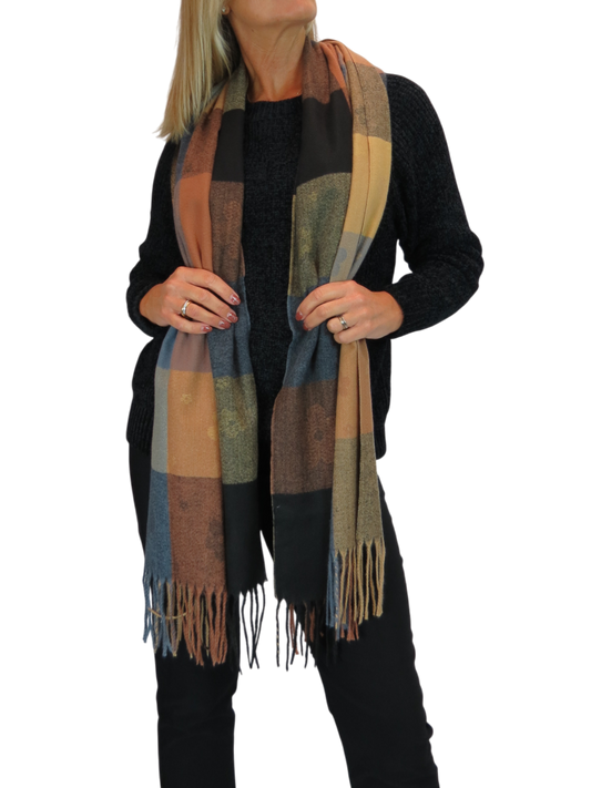Wool Blend Scarf With Floral Details Brown