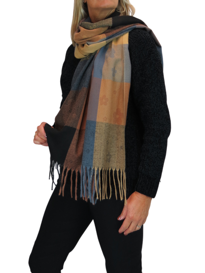 Wool Blend Scarf With Floral Details Brown