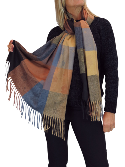Wool Blend Scarf With Floral Details Brown