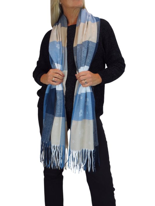 Wool Blend Scarf With Floral Details Blue