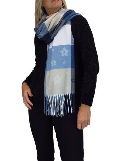 Wool Blend Scarf With Floral Details Blue