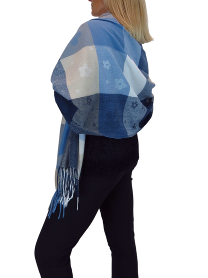 Wool Blend Scarf With Floral Details Blue