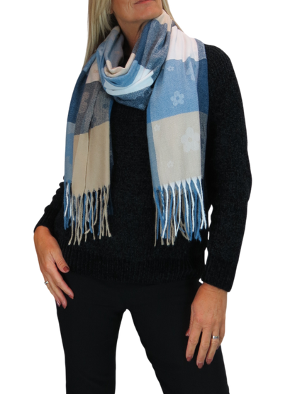 Wool Blend Scarf With Floral Details Blue