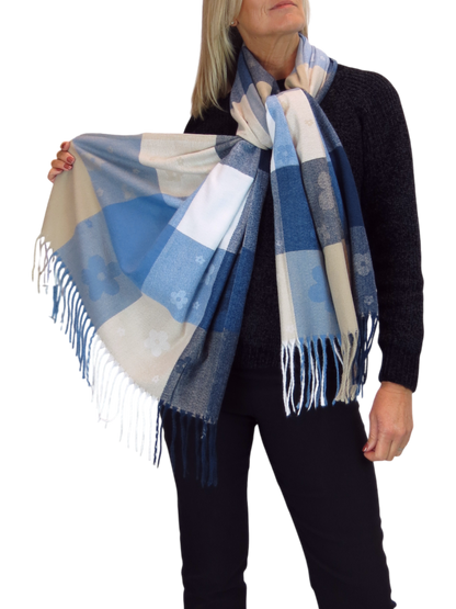 Wool Blend Scarf With Floral Details Blue
