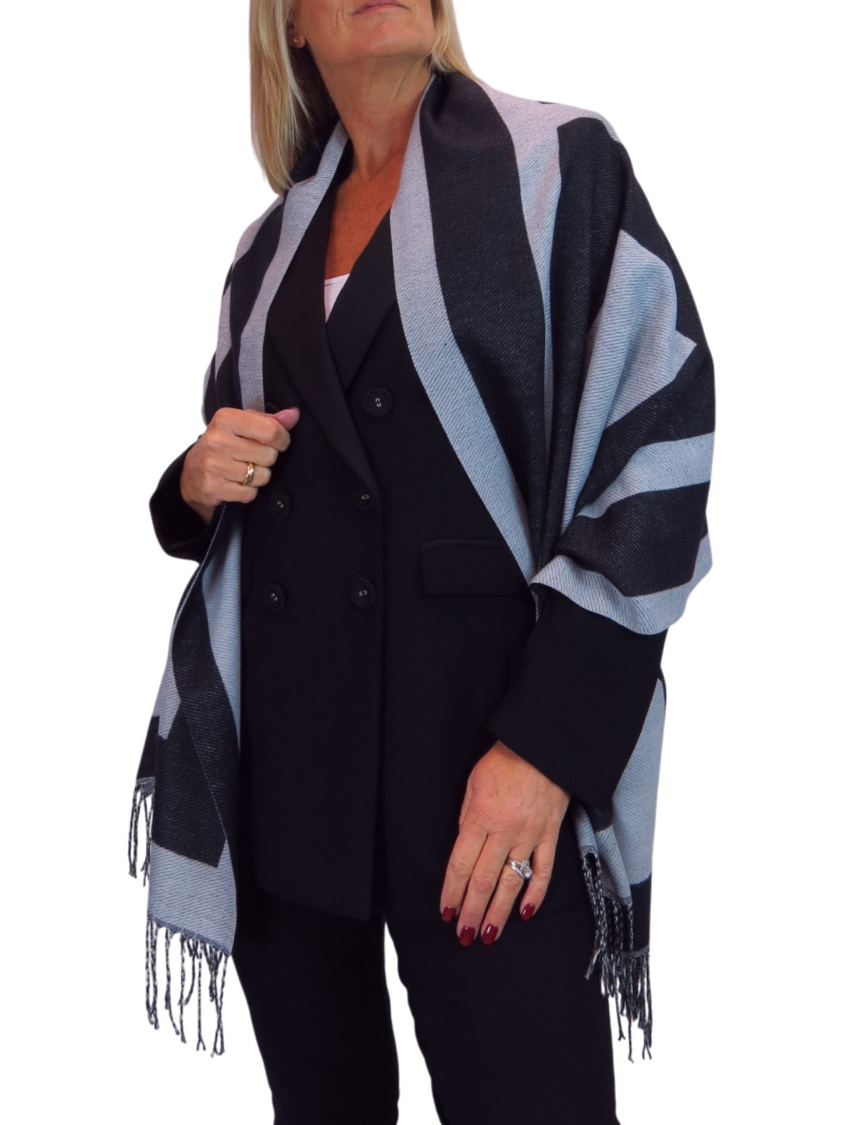 Wool Blend Geometric Design Scarf Black/Grey