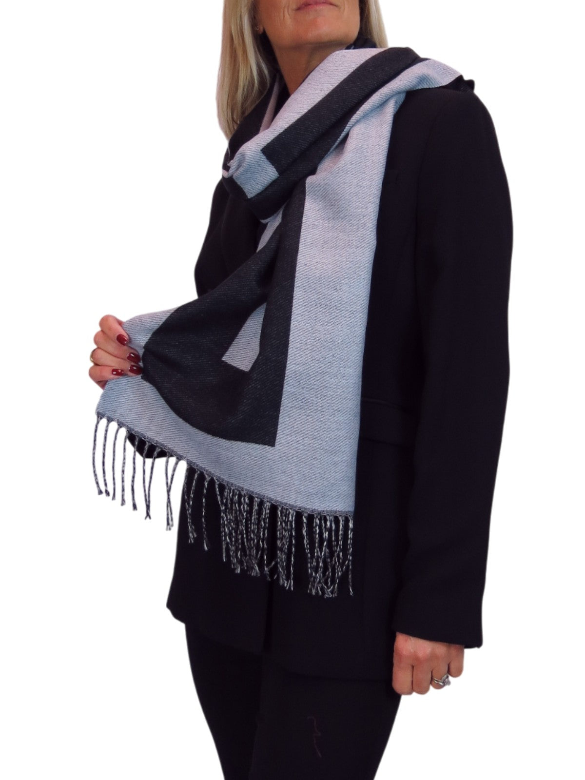 Wool Blend Geometric Design Scarf Black/Grey