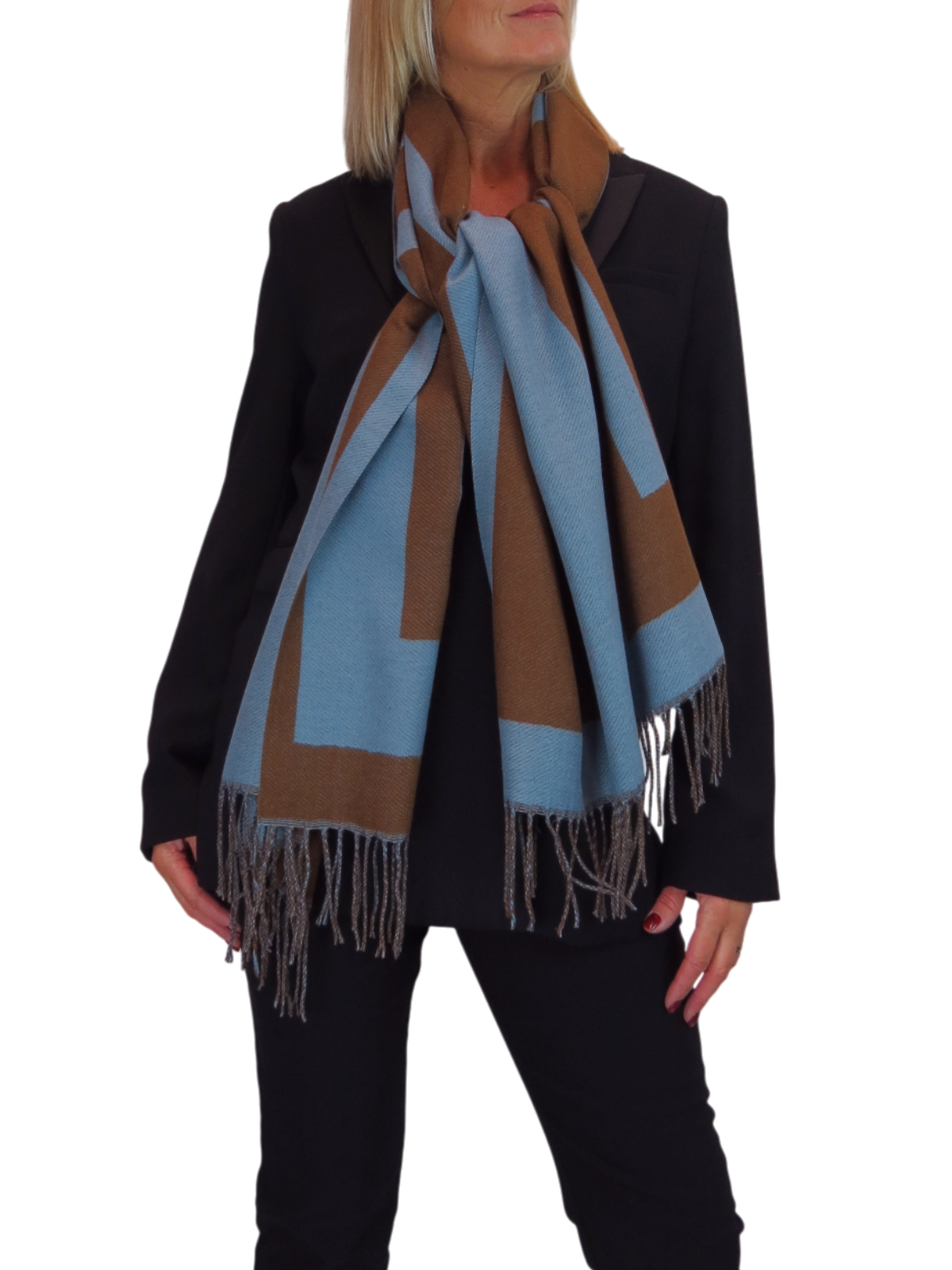 Wool Blend Geometric Design Scarf Brown/Blue