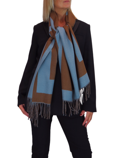 Wool Blend Geometric Design Scarf Brown/Blue