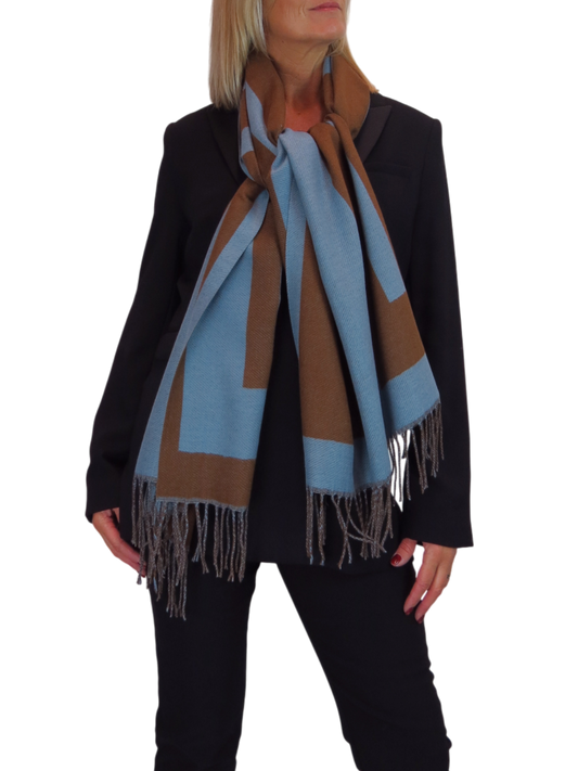 Wool Blend Geometric Design Scarf Brown/Blue